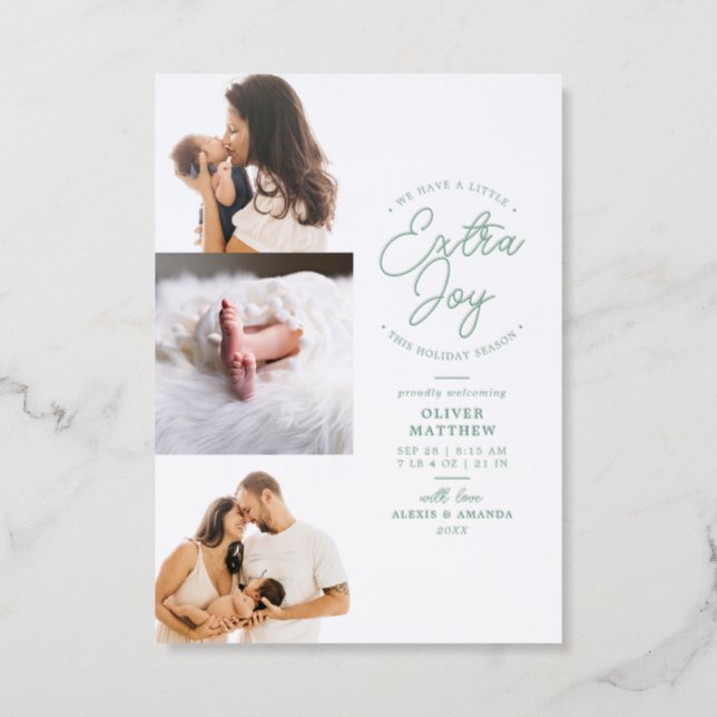 Extra Joy Green Holiday Pregnancy  Letterpress Photo Cards (Front)
