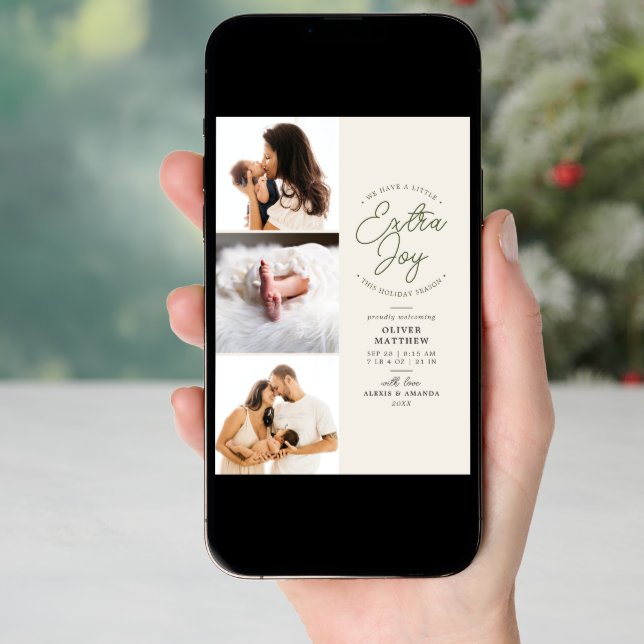Extra Joy Photo Green Holiday Birth Announcement (Front Digital)