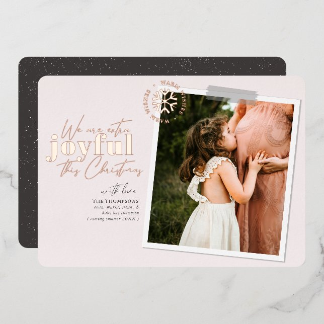 Extra Joyful Blush and Rose Gold Foil Pregnancy A Foil Holiday Card (Front/Back)