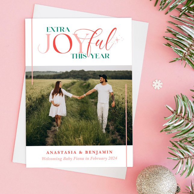 Extra Joyful Pink Vintage Pregnancy Holiday Card (Creator Uploaded)