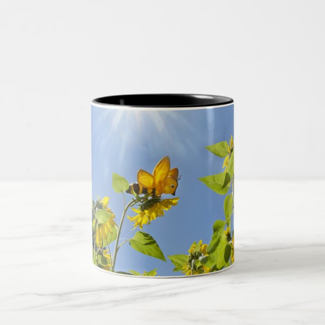 extra large bee on Sunflower Two-Tone Coffee Mug (Center)