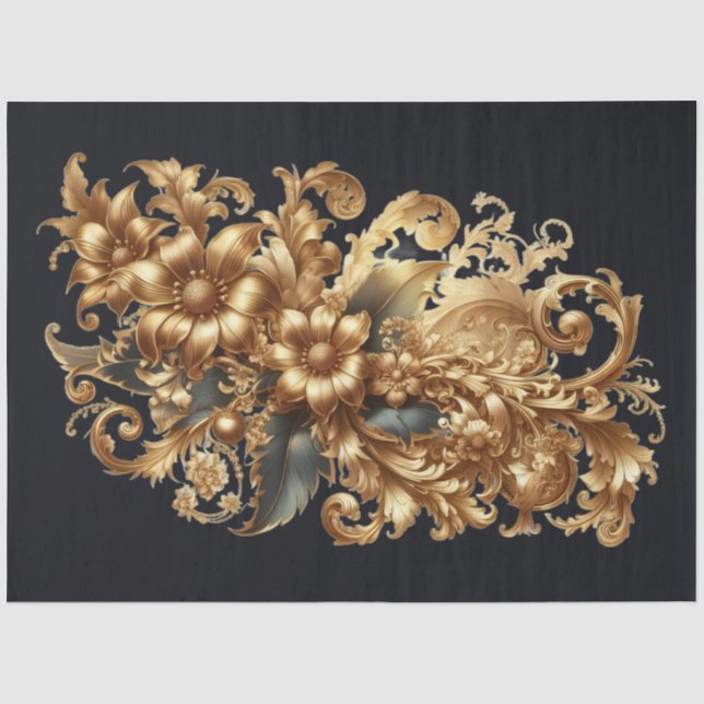 Extra Large Gold on Black Baroque Floral Decoupage Tissue Paper (Front)
