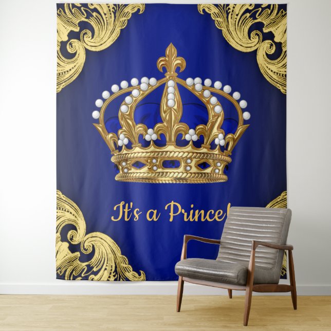 Extra Large Royal Blue Gold Prince Crown Backdrop (In Situ)
