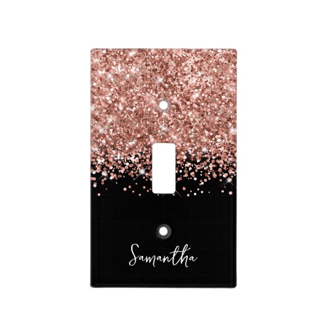 Extra Sparkly Rose Gold Glitter on Black Light Switch Cover (Front)