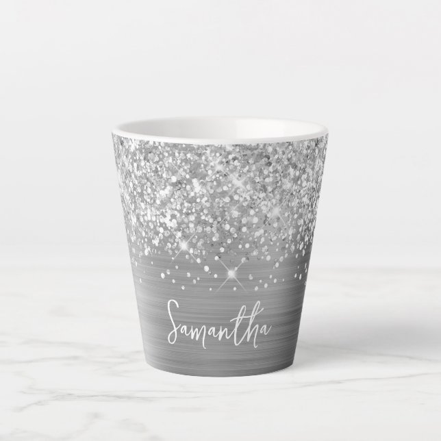 Extra Sparkly Silver Glam Script Name Latte Mug (Front)