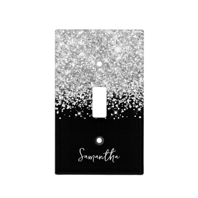 Extra Sparkly Silver Glitter on Black Light Switch Cover (Front)