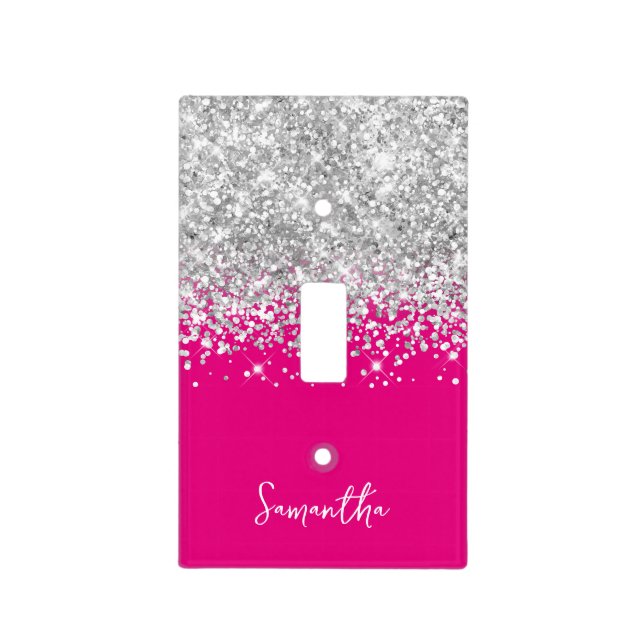 Extra Sparkly Silver Glitter on Hot Pink Light Switch Cover (Front)