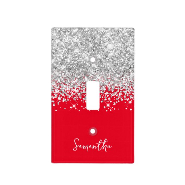 Extra Sparkly Silver Glitter on Red Light Switch Cover (Front)