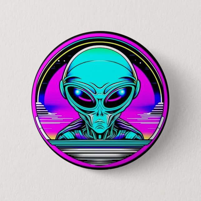 Extra Terrestrial Alien Flying a UFO Button (Front)