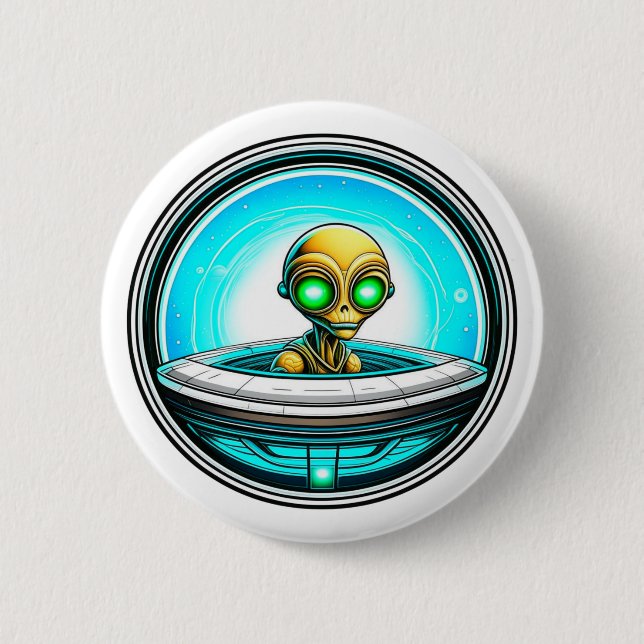 Extra Terrestrial Alien Flying a UFO Button (Front)