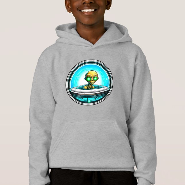 Extra Terrestrial Alien Flying a UFO Hoodie (Front)