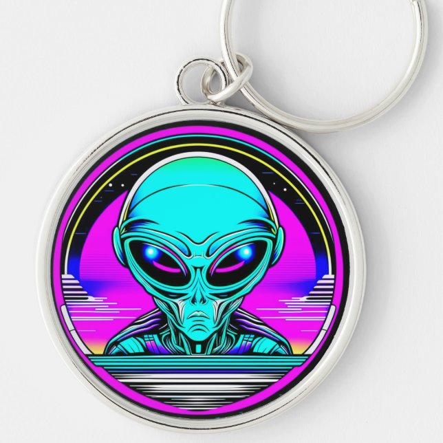 Extra Terrestrial Alien Flying a UFO Keychain (Front)