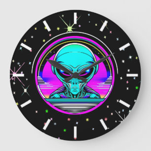 Extra Terrestrial Alien Flying a UFO Large Clock