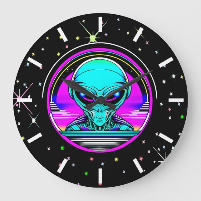 Extra Terrestrial Alien Flying a UFO Large Clock (Front)