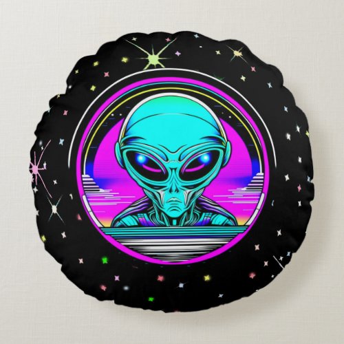 Extra Terrestrial Alien Flying a UFO Round Pillow