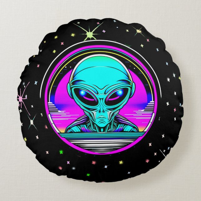 Extra Terrestrial Alien Flying a UFO Round Pillow (Front)