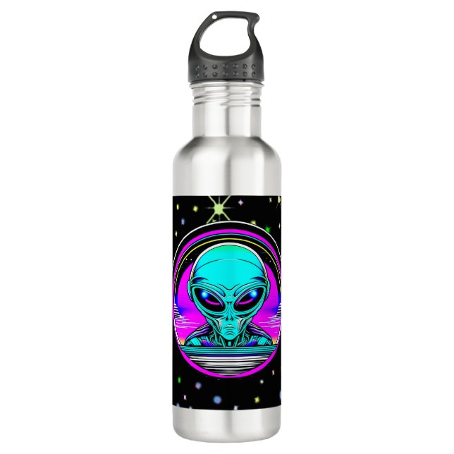 Extra Terrestrial Alien Flying a UFO Stainless Steel Water Bottle (Front)