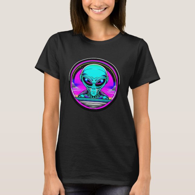 Extra Terrestrial Alien Flying a UFO T-Shirt (Front)