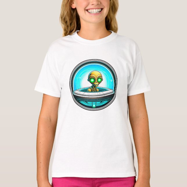 Extra Terrestrial Alien Flying a UFO T-Shirt (Front)
