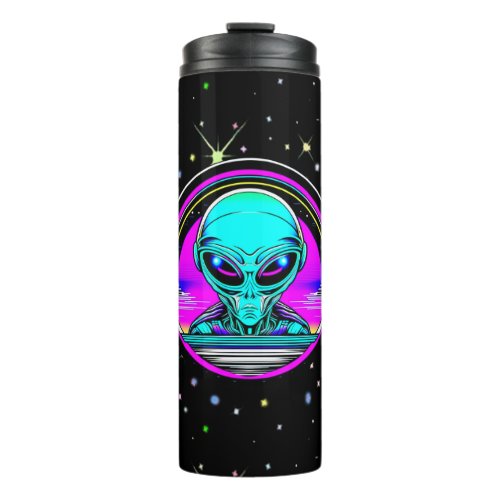 Extra Terrestrial Alien Flying a UFO Thermal Tumbler