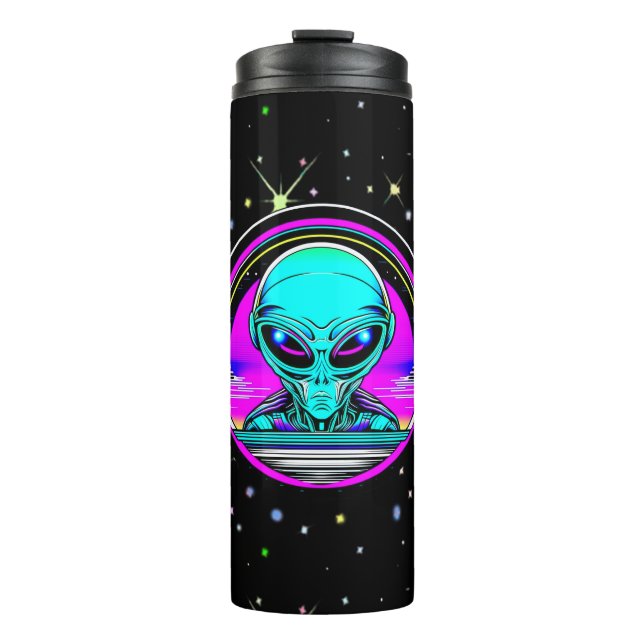 Extra Terrestrial Alien Flying a UFO Thermal Tumbler (Front)