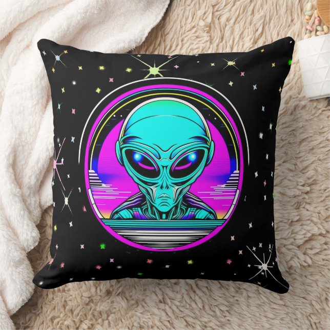 Extra Terrestrial Alien Flying a UFO Throw Pillow (Blanket)
