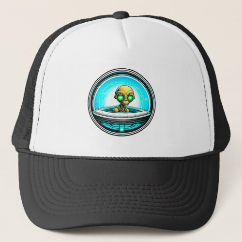 Extra Terrestrial Alien Flying a UFO Trucker Hat