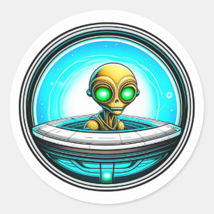 Extra Terrestrial Alien Flying in a UFO Classic Round Sticker