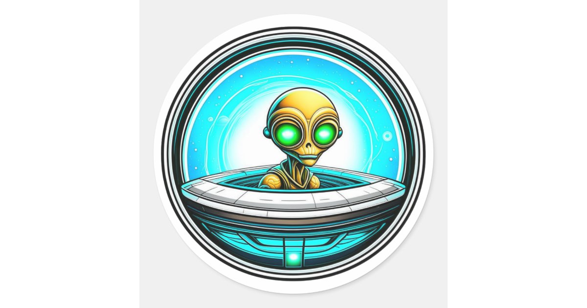 Extra Terrestrial Alien Flying in a UFO Classic Round Sticker | Zazzle