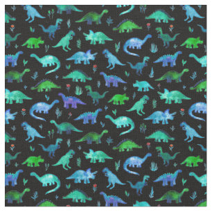 Extra Tiny Dinos in Blue and Green on Black Fabric