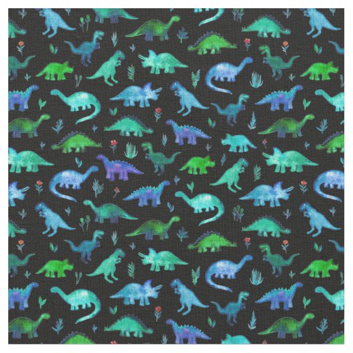 Extra Tiny Dinos in Blue and Green on Black Fabric