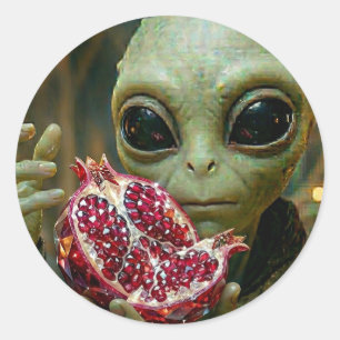 Extraterrestrial Alien and Pomegranate Classic Round Sticker