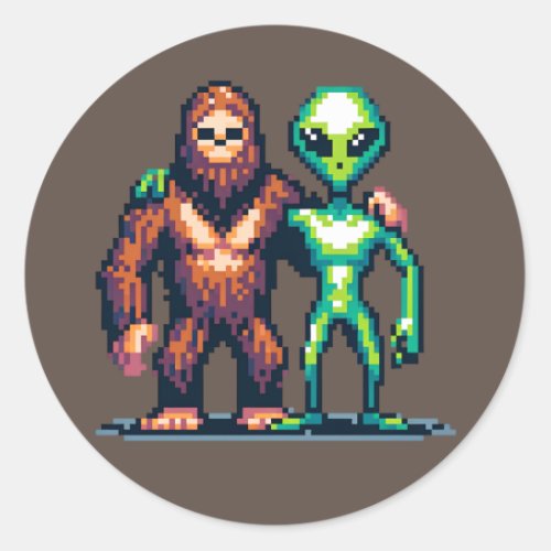 Extraterrestrial Alien Being and Bigfoot Pixel Art Classic Round Sticker