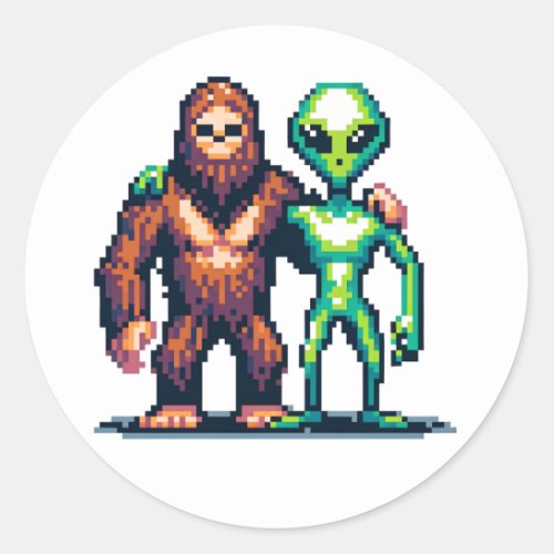 Extraterrestrial Alien Being and Bigfoot Pixel Art Classic Round Sticker