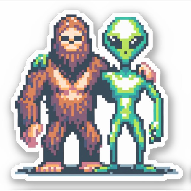 Extraterrestrial Alien Being and Bigfoot Pixel Art Sticker (Front)