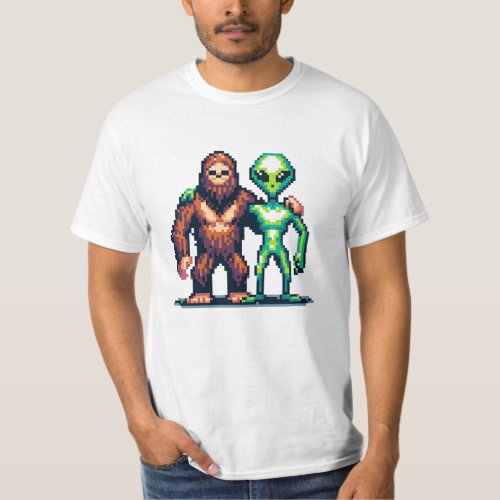 Extraterrestrial Alien Being and Bigfoot Pixel Art T_Shirt