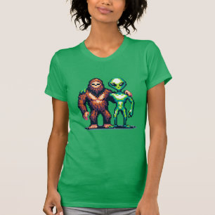 Extraterrestrial Alien Being and Bigfoot Pixel Art T-Shirt