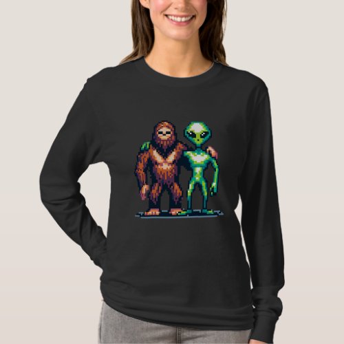 Extraterrestrial Alien Being and Bigfoot Pixel Art T_Shirt