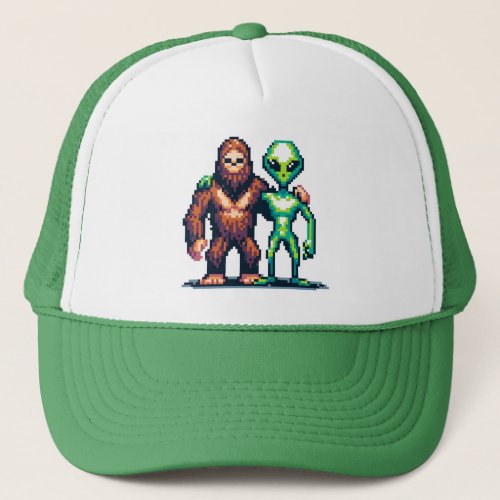 Extraterrestrial Alien Being and Bigfoot Pixel Art Trucker Hat