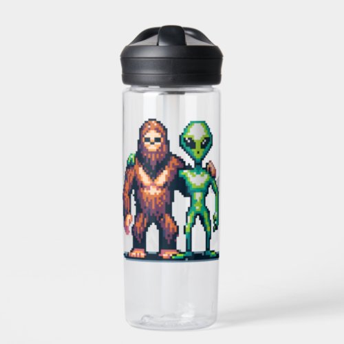 Extraterrestrial Alien Being and Bigfoot Pixel Art Water Bottle