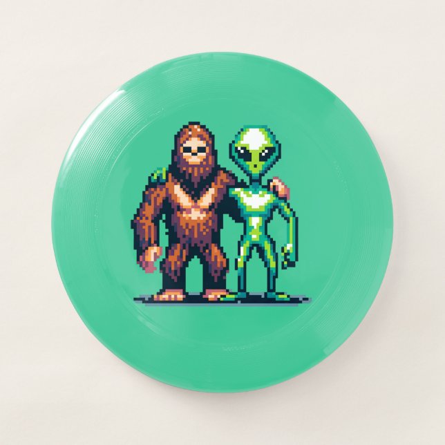 Extraterrestrial Alien Being and Bigfoot Pixel Art Wham-O Frisbee (Front)
