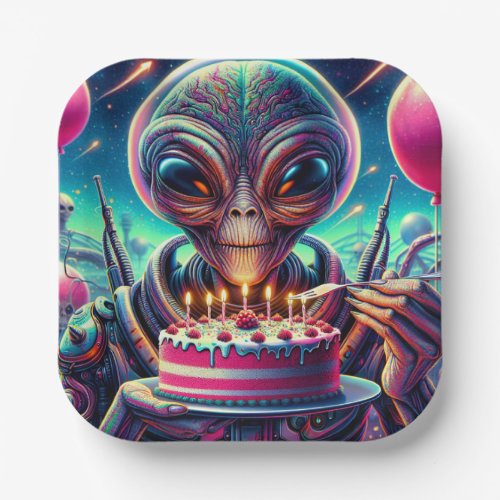 Extraterrestrial Alien Being eating Birthday Cake  Paper Plates