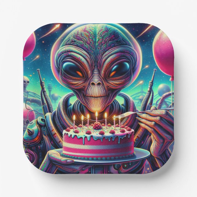 Extraterrestrial Alien Being eating Birthday Cake  Paper Plates (Front)