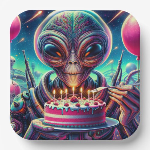 Extraterrestrial Alien Being eating Birthday Cake  Paper Plates