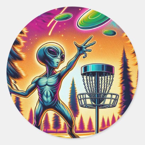 Extraterrestrial Alien Disc Golfing  Classic Round Sticker
