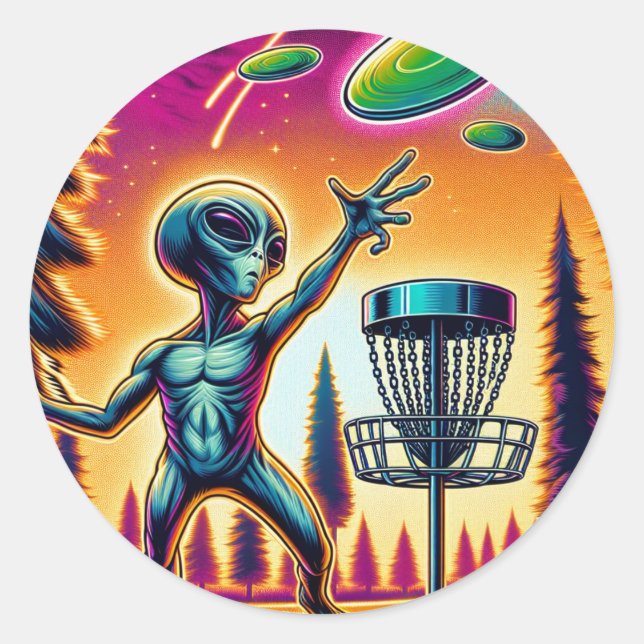 Extraterrestrial Alien Disc Golfing  Classic Round Sticker (Front)