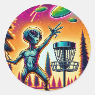 Extraterrestrial Alien Disc Golfing  Classic Round Sticker