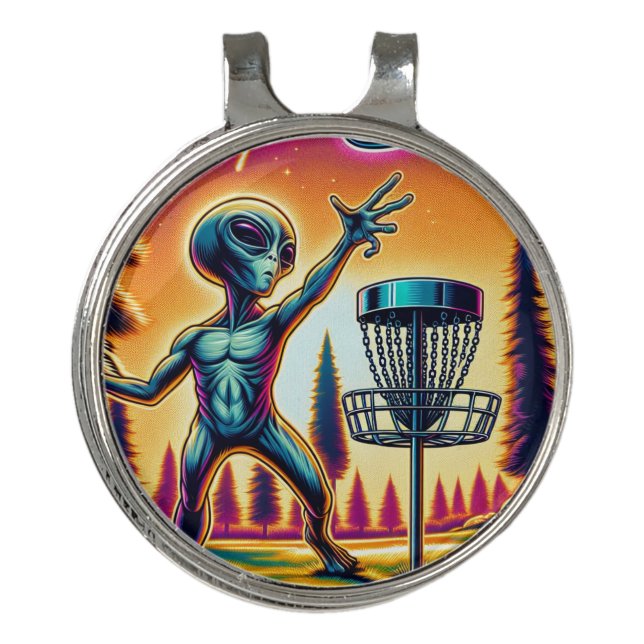 Extraterrestrial Alien Disc Golfing  Golf Hat Clip (Front)