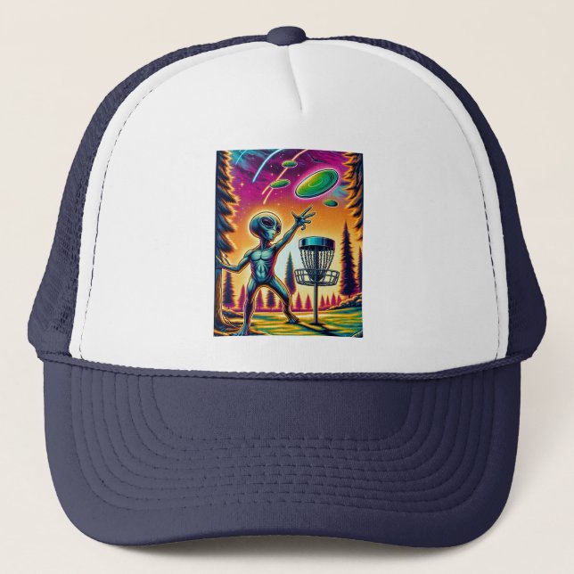 Extraterrestrial Alien Disc Golfing  Trucker Hat (Front)