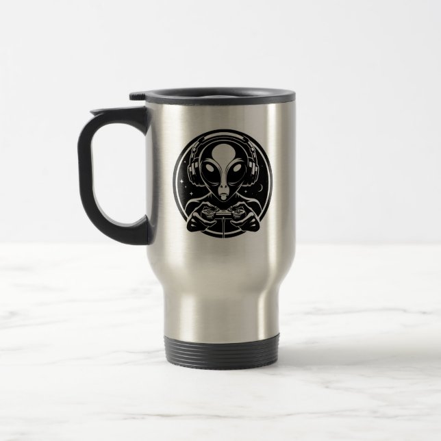 Extraterrestrial Alien Gamer with Headphones Travel Mug (Left)